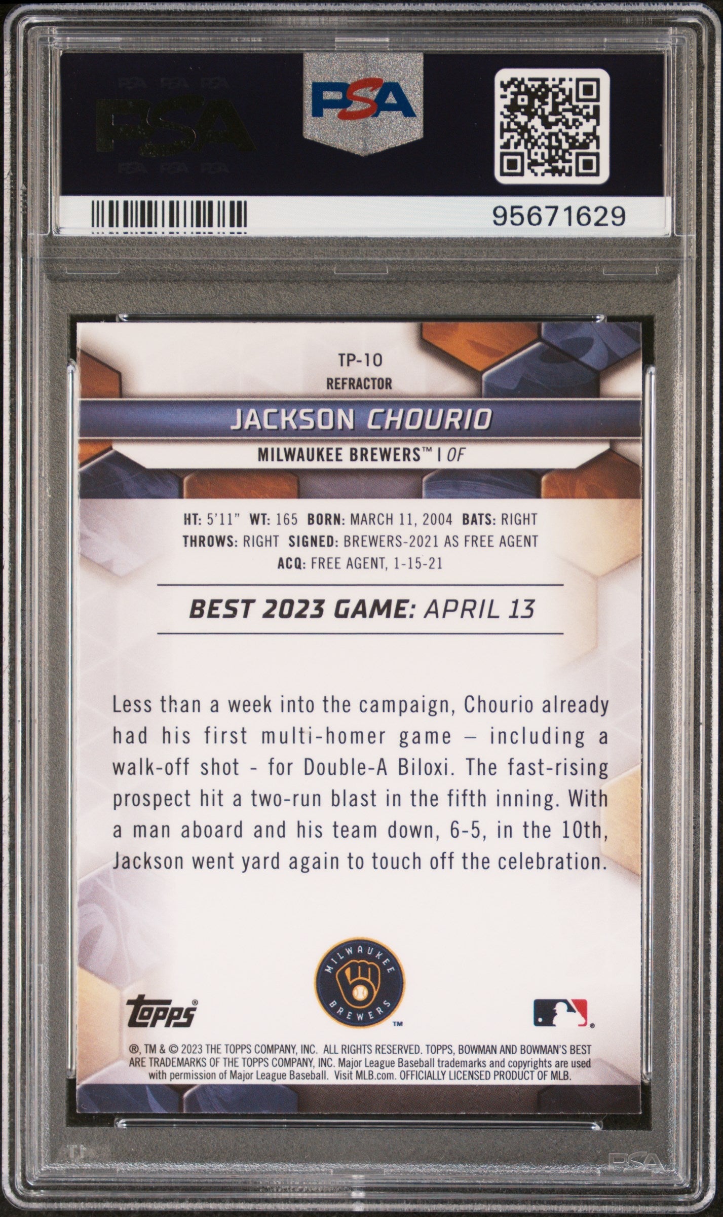 Graded 2023 Topps Bowmans Best Jackson Chourio #TP10 Top Prospects Refractor Rookie RC Baseball Card PSA 10 Gem Mint