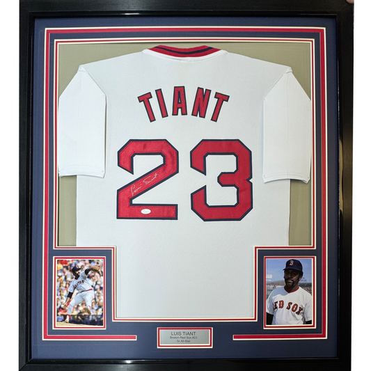 Framed Autographed/Signed Luis Tiant 35x39 Boston Red Sox White Baseball Jersey JSA COA