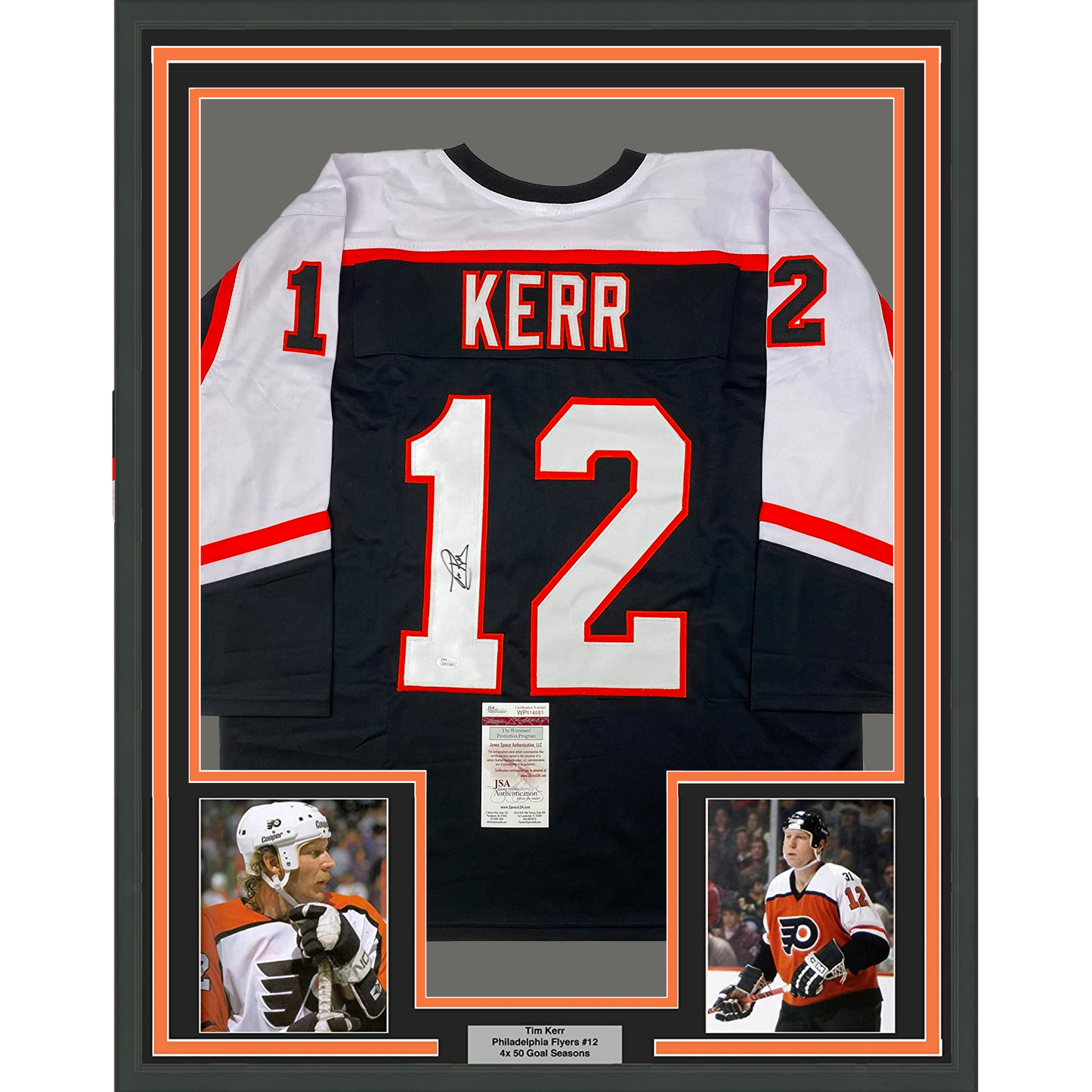 Framed Autographed/Signed Tim Kerr 35x39 Philadelphia Black Hockey Jersey JSA COA
