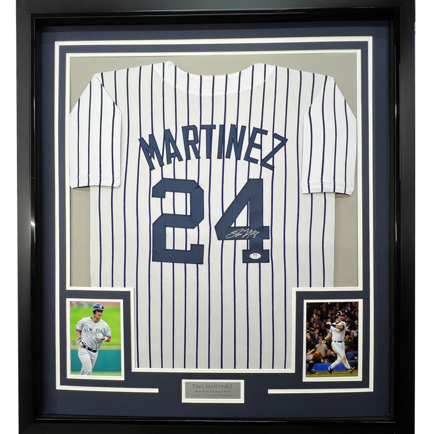 Framed Autographed/Signed Tino Martinez 35x39 New York Pinstripe Baseball Jersey PSA/DNA COA