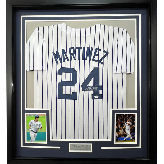 Framed Autographed/Signed Tino Martinez 35x39 New York Pinstripe Baseball Jersey PSA/DNA COA