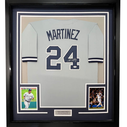 Framed Autographed/Signed Tino Martinez 35x39 New York Grey Baseball Jersey PSA/DNA COA