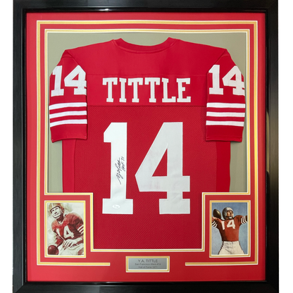 Framed Autographed/Signed YA Y.A. Tittle HOF 71 35x39 San Francisco Red Football Jersey JSA COA