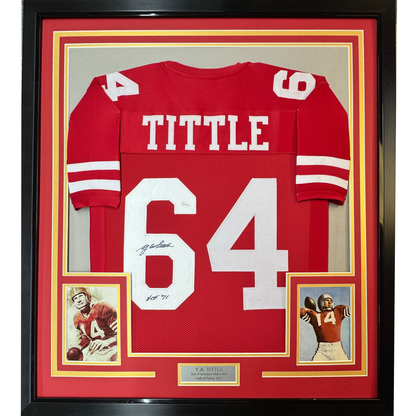 Framed Autographed/Signed YA Y.A. Tittle 35x39 HOF 71 #64 San Francisco Red Football Jersey JSA COA