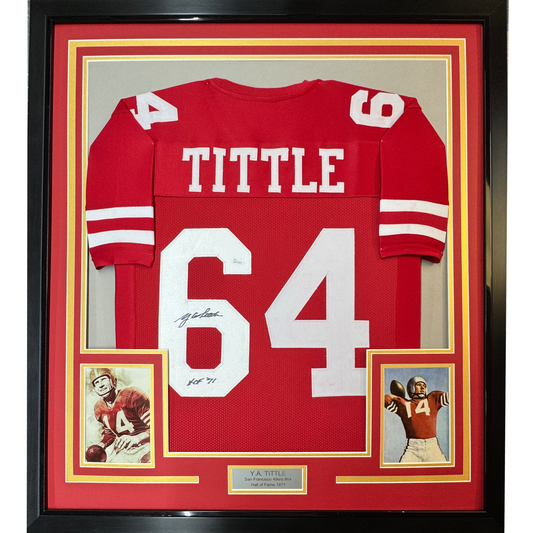 Framed Autographed/Signed YA Y.A. Tittle 35x39 HOF 71 #64 San Francisco Red Football Jersey JSA COA