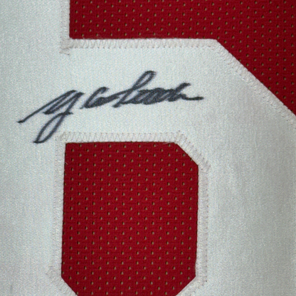 Framed Autographed/Signed YA Y.A. Tittle 35x39 HOF 71 #64 San Francisco Red Football Jersey JSA COA