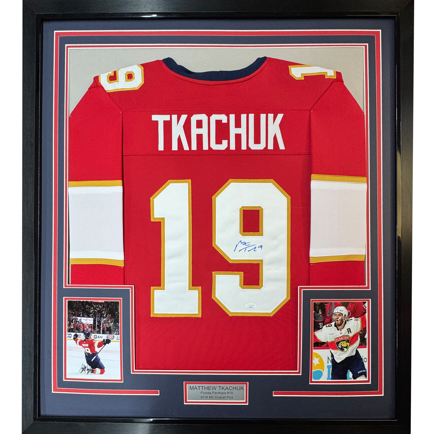 Framed Autographed/Signed Matthew Tkachuk 35x39 Florida Red Hockey Jersey JSA COA