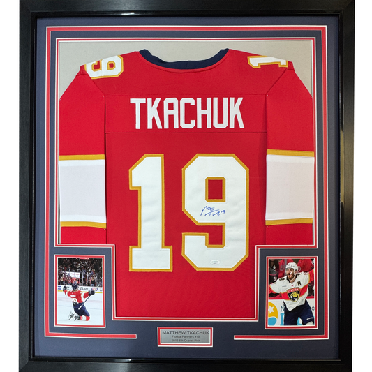 Framed Autographed/Signed Matthew Tkachuk 35x39 Florida Red Hockey Jersey JSA COA