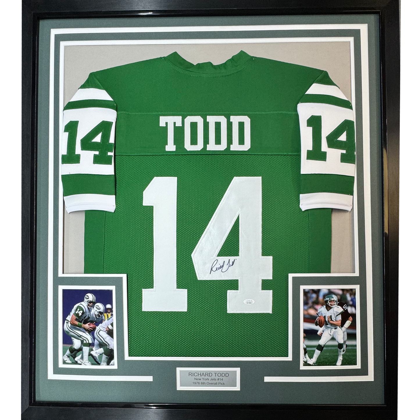 Framed Autographed/Signed Richard Todd 35x39 New York Green Football Jersey JSA COA