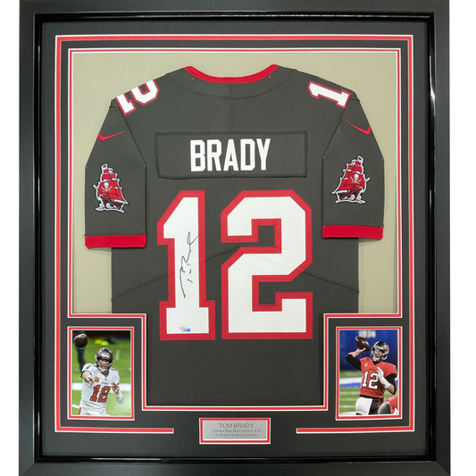 Framed Autographed/Signed Tom Brady 35x39 Tampa Bay Buccaneers Pewter Grey Authentic Nike Limited Football Jersey Fanatics COA/LOA