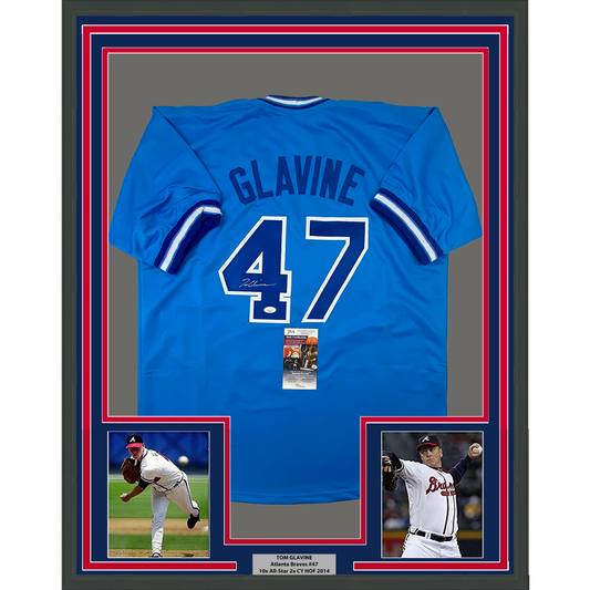 Framed Autographed/Signed Tom Glavine 35x39 Atlanta Light Blue Baseball Jersey JSA COA
