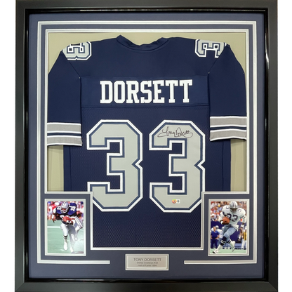 Framed Autographed/Signed Tony Dorsett 35x39 Dallas Dark Blue Football Jersey JSA COA