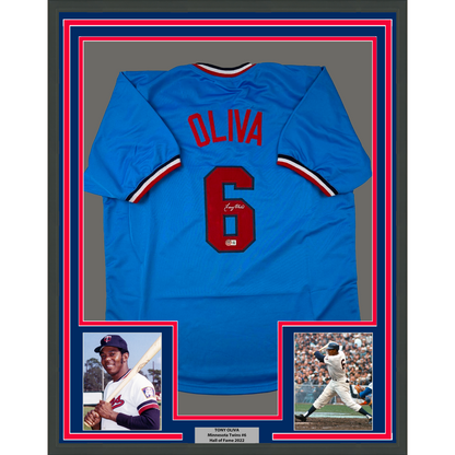 Framed Autographed/Signed Tony Oliva 35x39 Minnesota Light Blue Baseball Jersey Beckett BAS COA
