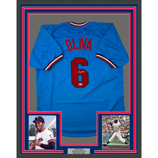 Framed Autographed/Signed Tony Oliva 35x39 Minnesota Light Blue Baseball Jersey Beckett BAS COA