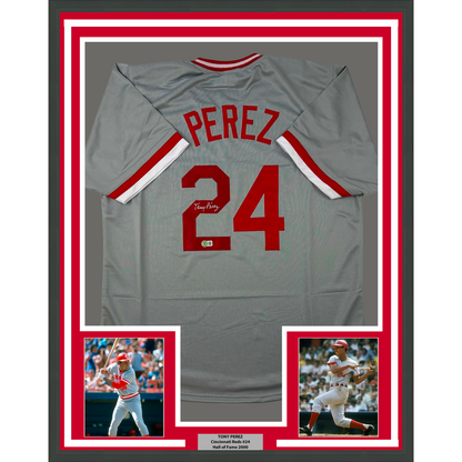 Framed Autographed/Signed Tony Perez 35x39 Cincinnati Grey Baseball Jersey Beckett BAS COA