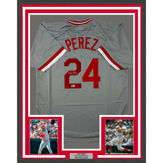 Framed Autographed/Signed Tony Perez 35x39 Cincinnati Grey Baseball Jersey Beckett BAS COA