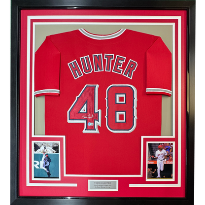 Framed Autographed/Signed Torii Hunter 35x39 Los Angeles Anaheim Red Baseball Jersey Beckett BAS COA