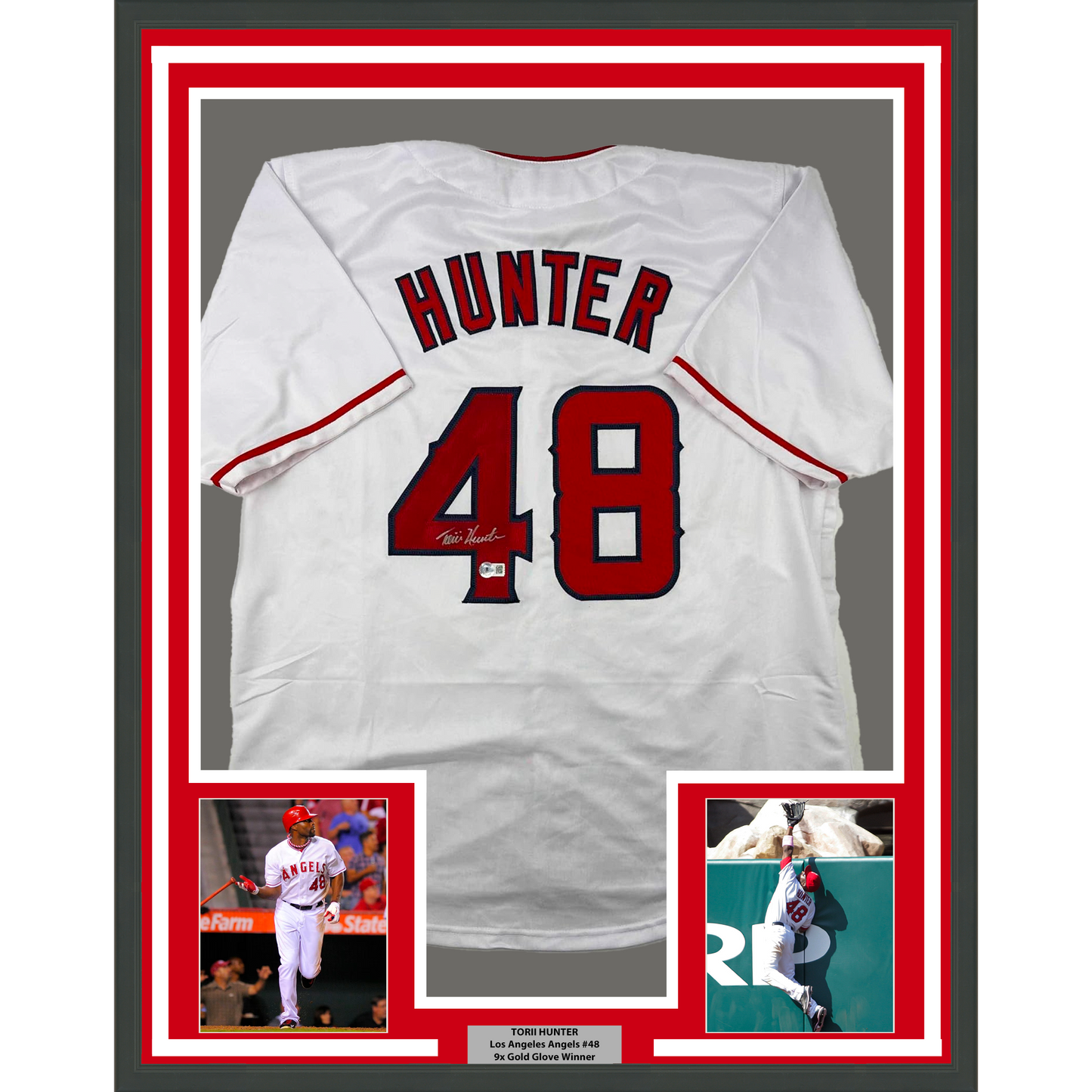Framed Autographed/Signed Torii Hunter 35x39 Los Angeles Anaheim White Baseball Jersey Beckett BAS COA