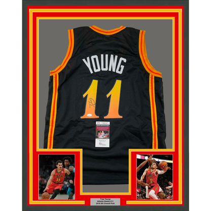 Framed Autographed/Signed Trae Young 35x39 Atlanta Black City Edition Basketball Jersey JSA COA