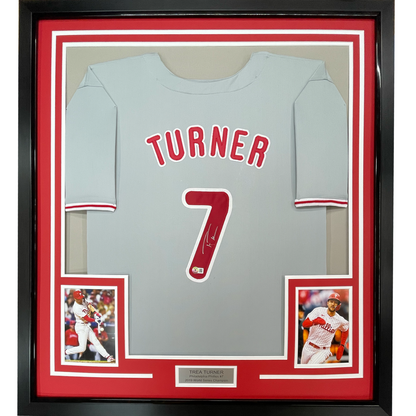 Framed Autographed/Signed Trea Turner 35x39 Philadelphia Grey Baseball Jersey Beckett BAS COA