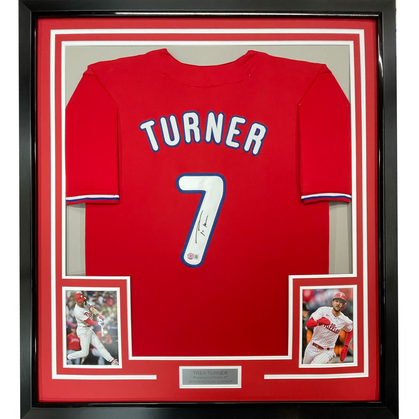Framed Autographed/Signed Trea Turner 35x39 Philadelphia Red Baseball Jersey Beckett BAS COA