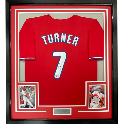 Framed Autographed/Signed Trea Turner 35x39 Philadelphia Red Baseball Jersey Beckett BAS COA