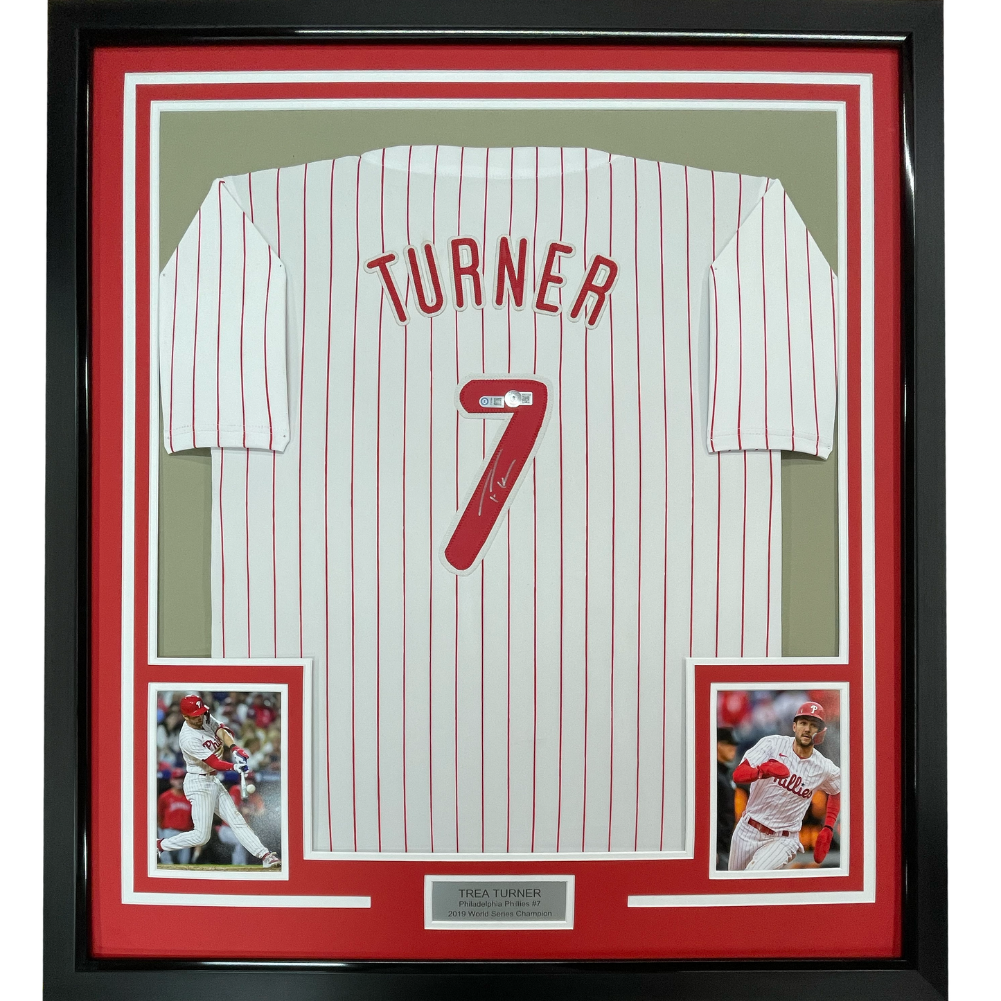 Framed Autographed/Signed Trea Turner 35x39 Philadelphia Pinstripe Baseball Jersey Beckett BAS COA