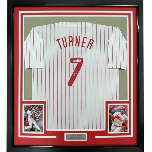 Framed Autographed/Signed Trea Turner 35x39 Philadelphia Pinstripe Baseball Jersey Beckett BAS COA