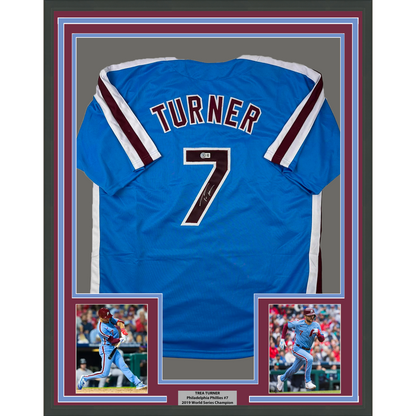 Framed Autographed/Signed Trea Turner 35x39 Philadelphia Blue Retro Baseball Jersey Beckett BAS COA