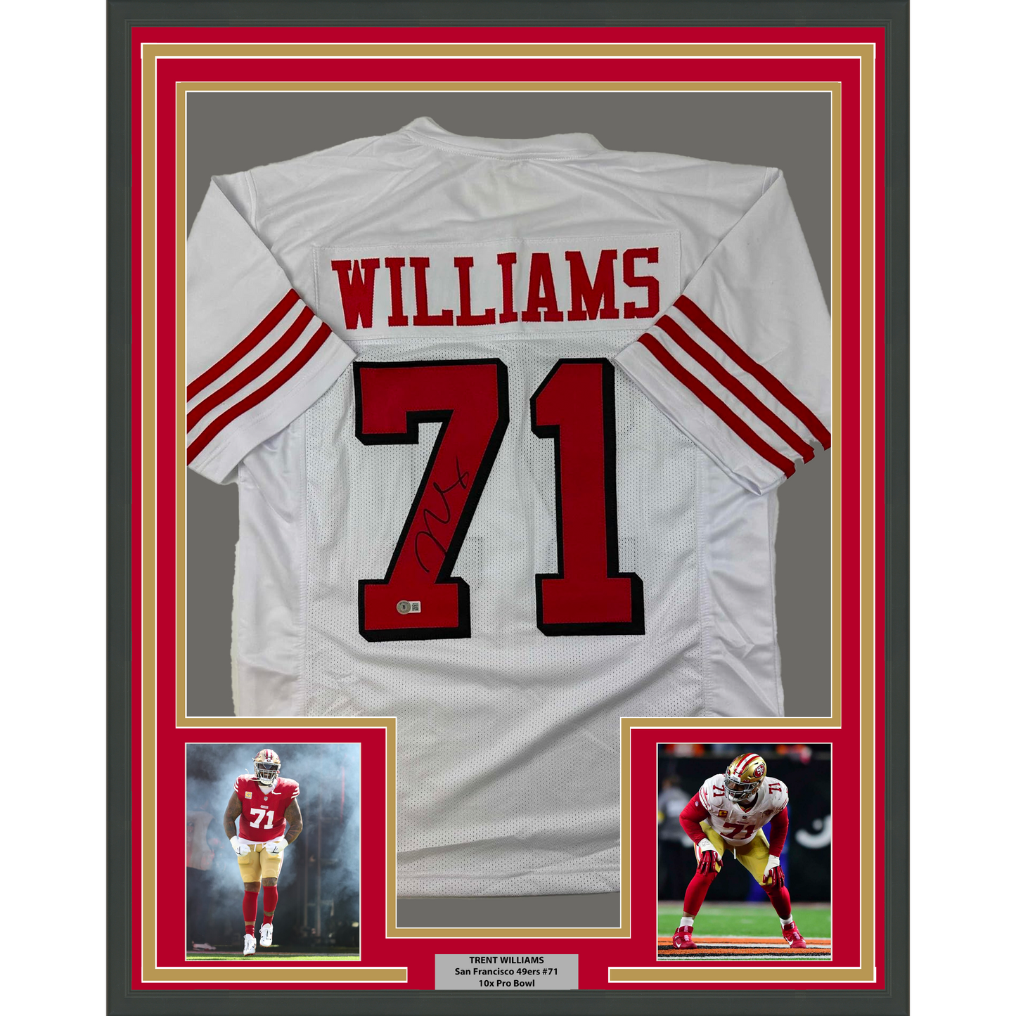 Framed Autographed/Signed Trent Williams 35x39 San Francisco Alternate White Football Jersey Beckett BAS COA