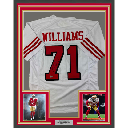 Framed Autographed/Signed Trent Williams 35x39 San Francisco Alternate White Football Jersey Beckett BAS COA