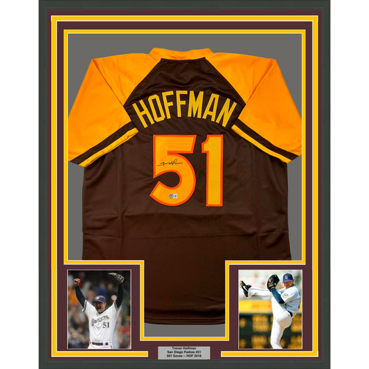 Framed Autographed/Signed Trevor Hoffman 35x39 San Diego Retro Brown Baseball Jersey Beckett BAS COA