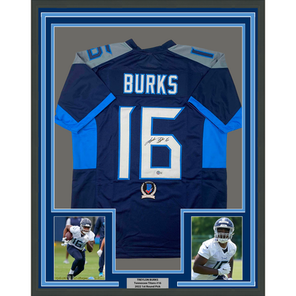 Framed Autographed/Signed Treylon Burks 35x39 Tennessee Dark Blue Football Jersey Beckett BAS COA