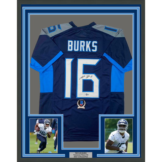 Framed Autographed/Signed Treylon Burks 35x39 Tennessee Dark Blue Football Jersey Beckett BAS COA