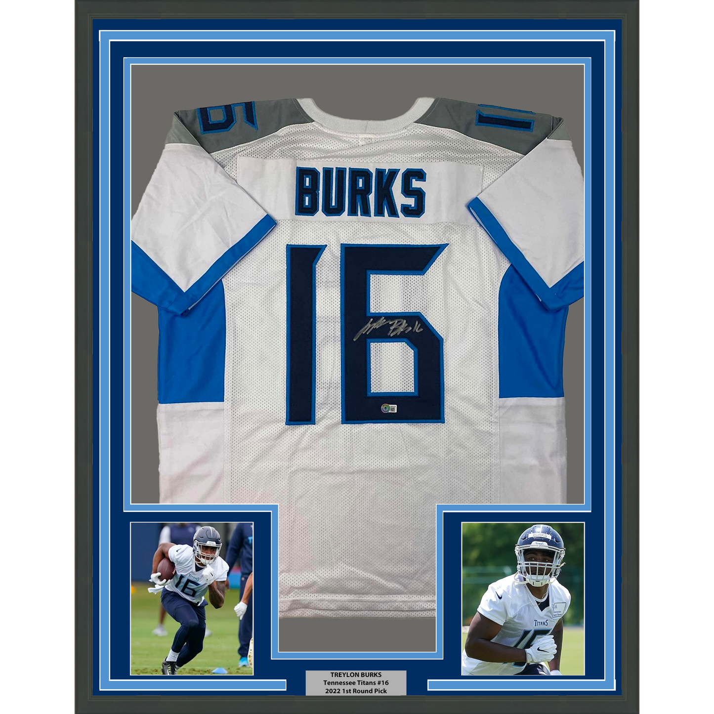 Framed Autographed/Signed Treylon Burks 35x39 Tennessee White Football Jersey Beckett BAS COA
