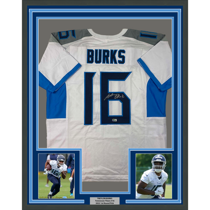 Framed Autographed/Signed Treylon Burks 35x39 Tennessee White Football Jersey Beckett BAS COA