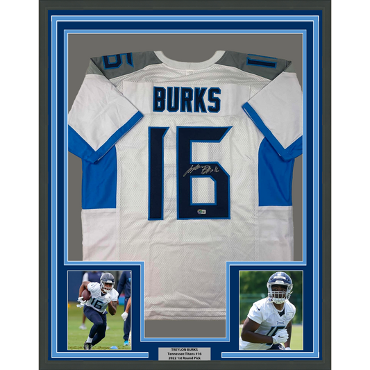 Framed Autographed/Signed Treylon Burks 35x39 Tennessee White Football Jersey Beckett BAS COA
