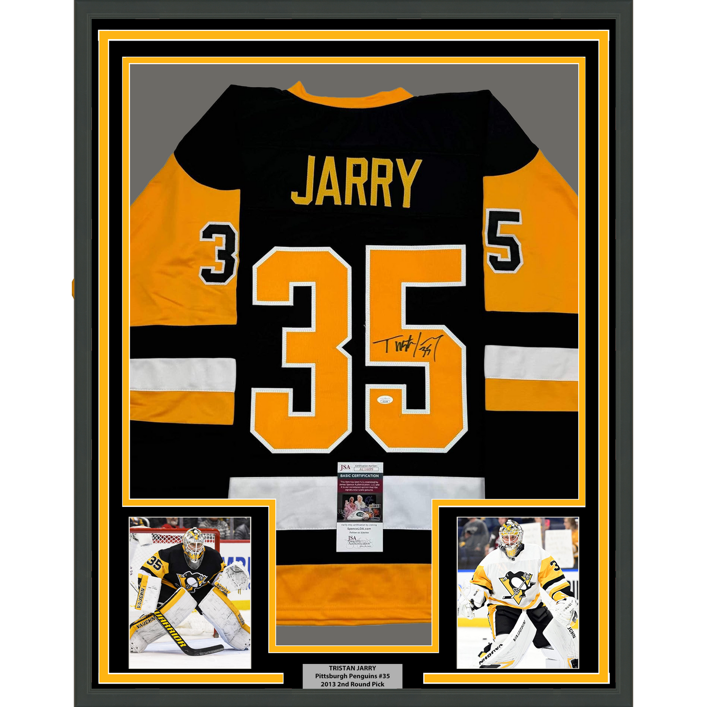 Framed Autographed/Signed Tristan Jarry 35x39 Pittsburgh Black Hockey Jersey JSA COA