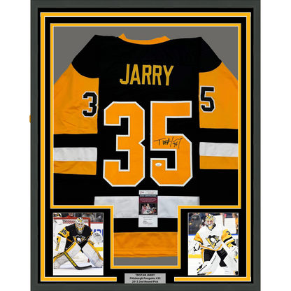 Framed Autographed/Signed Tristan Jarry 35x39 Pittsburgh Black Hockey Jersey JSA COA
