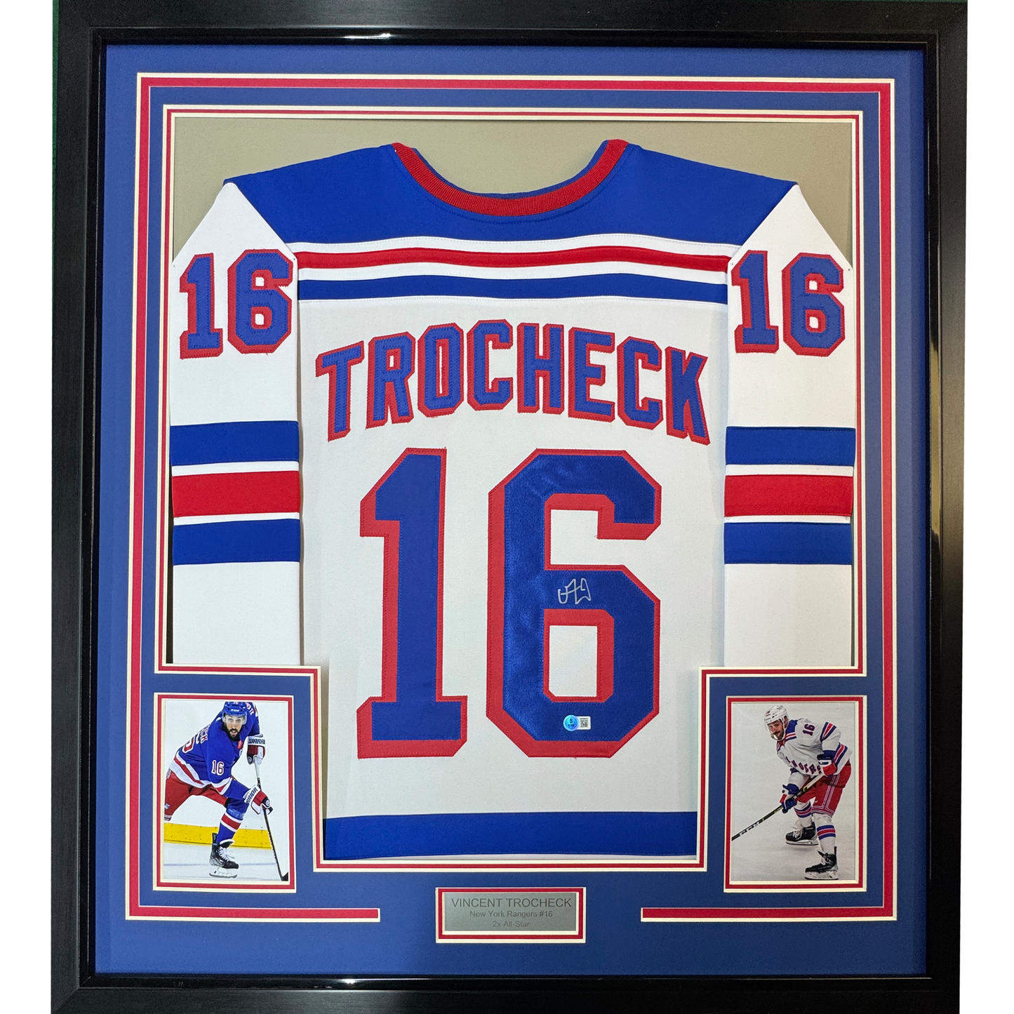 Framed Autographed/Signed Vincent Trocheck 35x39 New York White Hockey Jersey JSA COA