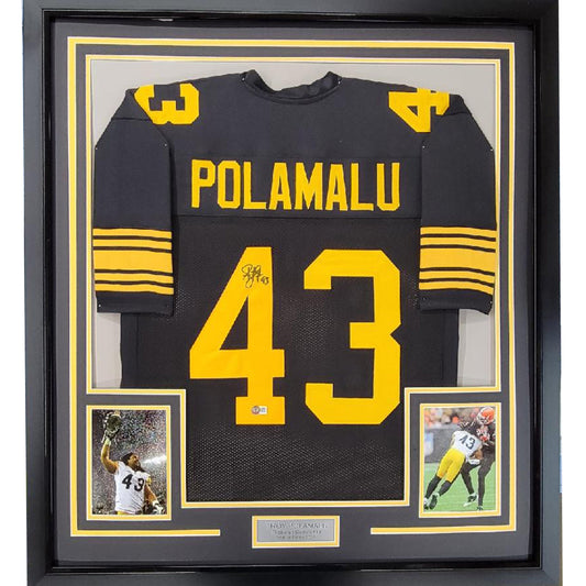 Framed Autographed/Signed Troy Polamalu 35x39 Pittsburgh Color Rush Football Jersey Beckett BAS COA