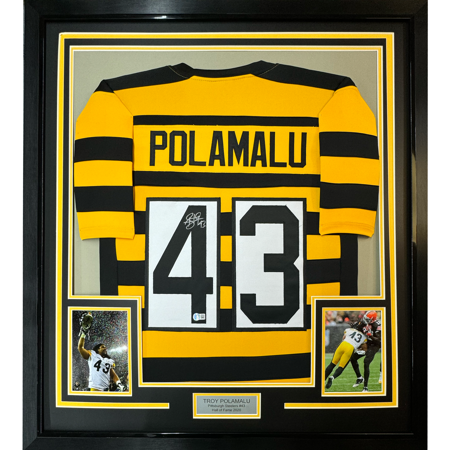 Framed Autographed/Signed Troy Polamalu 35x39 Pittsburgh Bumble Bee Football Jersey Beckett BAS COA
