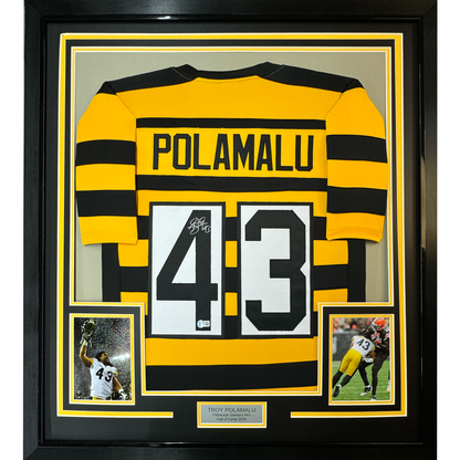Framed Autographed/Signed Troy Polamalu 35x39 Pittsburgh Bumble Bee Football Jersey Beckett BAS COA
