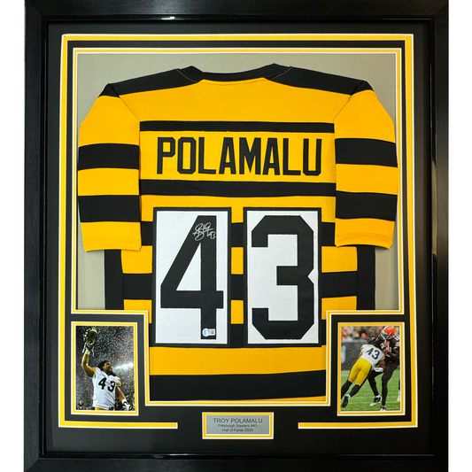 Framed Autographed/Signed Troy Polamalu 35x39 Pittsburgh Bumble Bee Football Jersey Beckett BAS COA