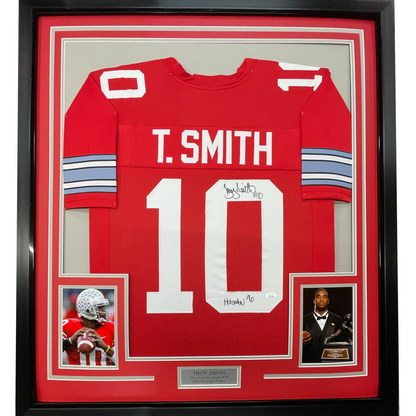 Framed Autographed/Signed Troy Smith 35x39 Heisman 06 Ohio State Red College Football Jersey JSA COA