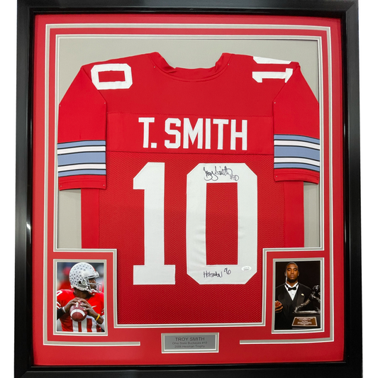 Framed Autographed/Signed Troy Smith 35x39 Heisman 06 Ohio State Red College Football Jersey JSA COA