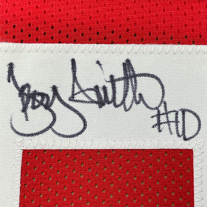 Framed Autographed/Signed Troy Smith 35x39 Heisman 06 Ohio State Red College Football Jersey JSA COA