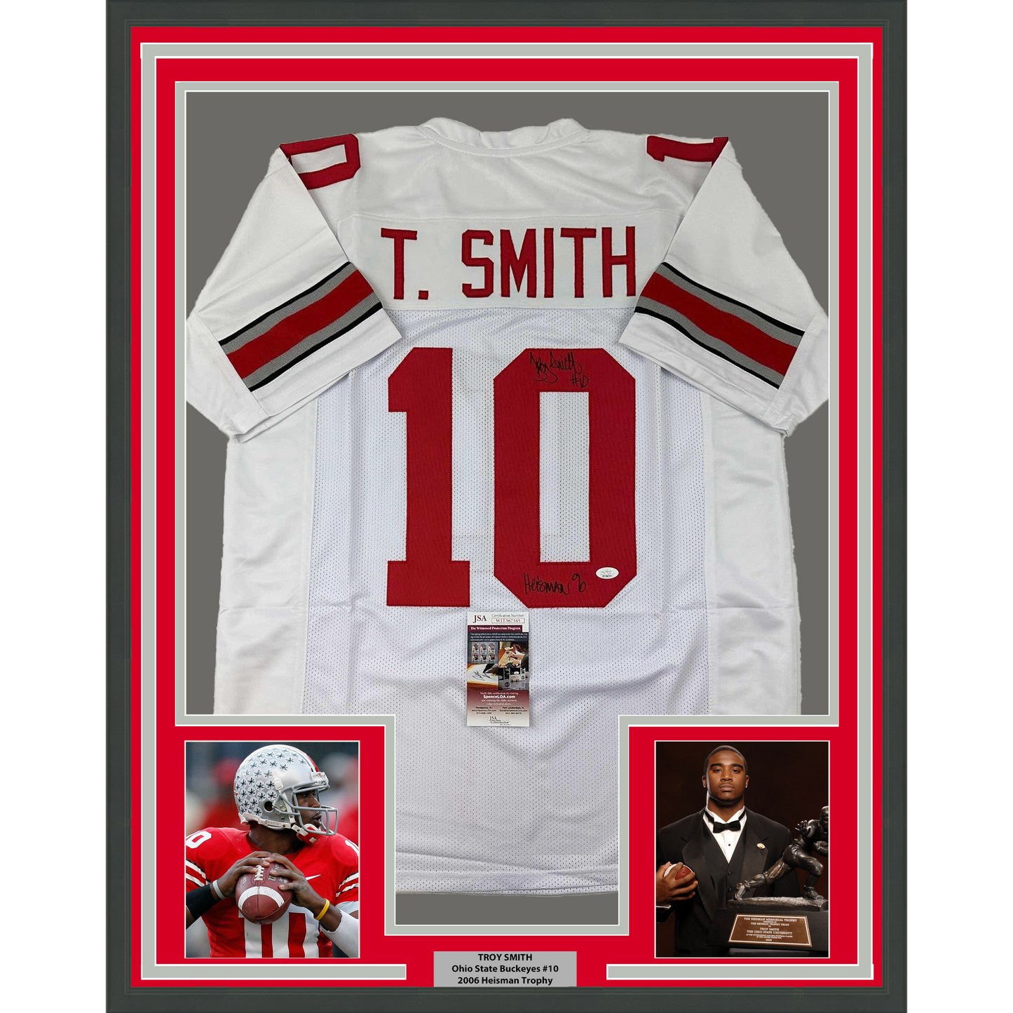 Framed Autographed/Signed Troy Smith 35x39 Heisman 06 Ohio State White College Football Jersey JSA COA