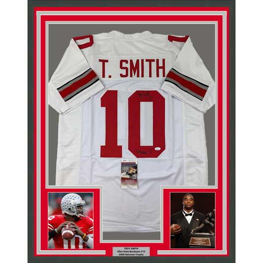 Framed Autographed/Signed Troy Smith 35x39 Heisman 06 Ohio State White College Football Jersey JSA COA