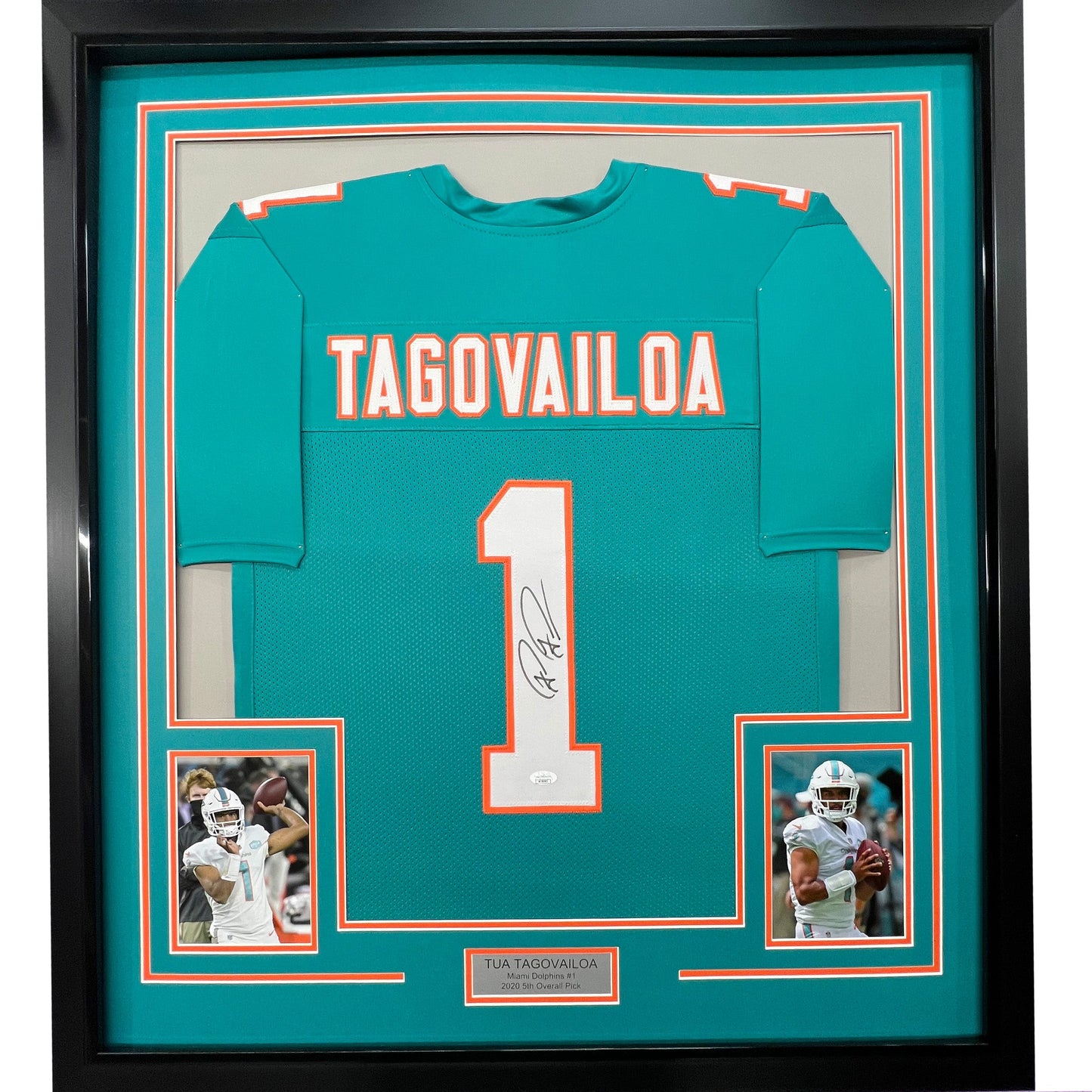 Framed Autographed/Signed Tua Tagovailoa 35x39 Miami Teal Football Jersey Beckett BAS COA